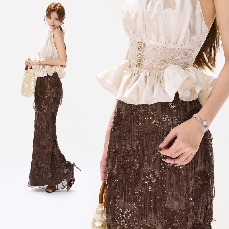 Cynr Original Design Retro Atmosphere Heavy-Duty Tassel Sequin Skirt High-Waisted Slim-Fitting Hip-Hugging Fishtail Long Skirt Cynr Original Design Retro Atmosphere Heavy-Duty Tassel Sequin Skirt High-Waisted Slim-Fitting Hip-Hugging Fishtail Long Skirt