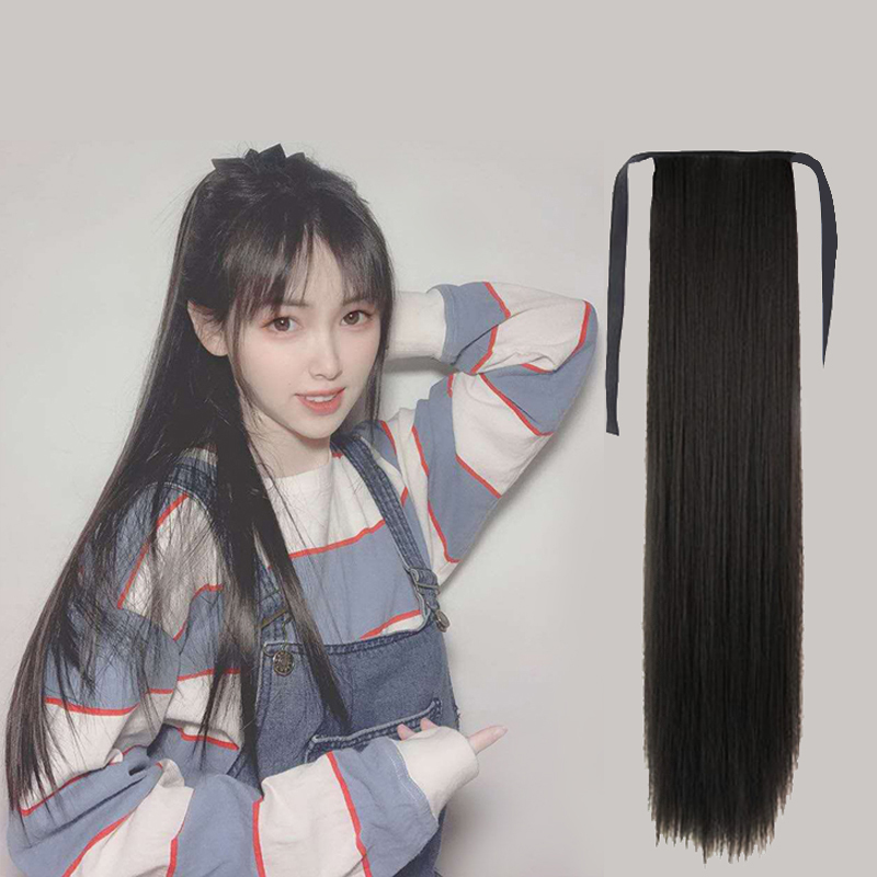Wig ponytail strap type medium long straight hair lady fake braid summer cool hair style to enhance the appearance of sweet