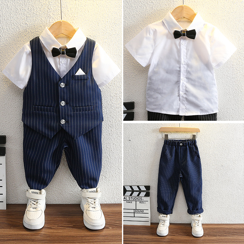 Children suits suit striped waistcoat gown for spring and autumn handsome young western suit a flower boy acting out of the boy's spring clothes