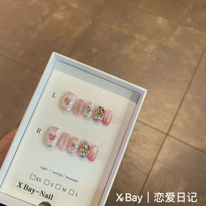 Love Diary | Xbay Store Designer's Same Style High-End Nail Art, Dazzling Short Nails, Handmade Wearable Nails