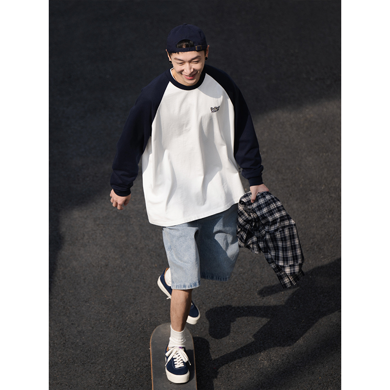 BELLKENIDEA 厚手コットン300g 和風 少年ラグランスリーブ 長袖Tシャツ メンズ 人気 ゆったりシルエット