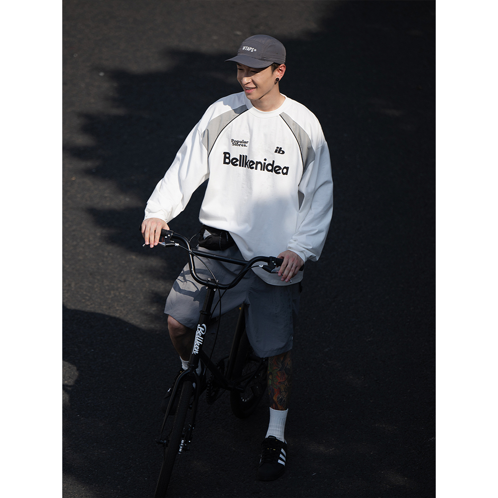 BELLKENIDEA 純綿 レトロ クラシック サッカーユニフォーム トレンディ ラウンドネック 長袖 Tシャツ ゆったり 快適 オールマッチ