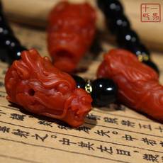 DIY аксессуары 天然保山南红 龙头一体三通 胶质感满肉复古兽面图腾雕刻diy配饰