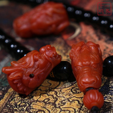DIY аксессуары 天然保山南红 龙头一体三通 胶质感满肉复古兽面图腾雕刻diy配饰