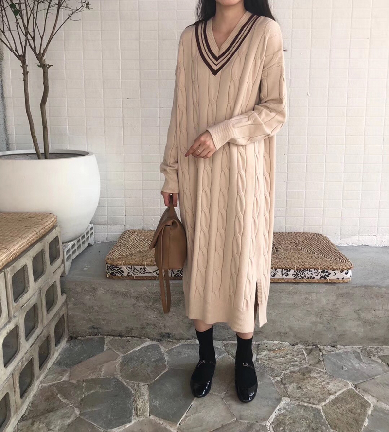 Hàn Quốc ulzzang mùa thu đông mới thời trang hoang dã chia đôi ngã ba màu V-cổ xoắn áo len dài áo len 	váy hack eo