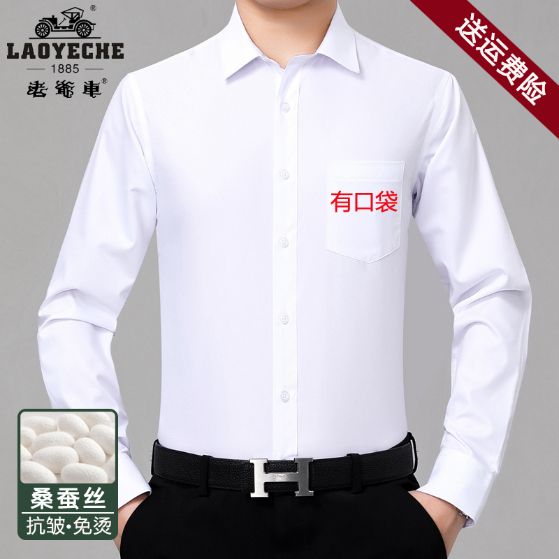 Vintage Long-Sleeve Shirt for Men, White Mulberry Silk, Non-Iron, Business Casual Work Shirt, Spring and Autumn, with Pockets