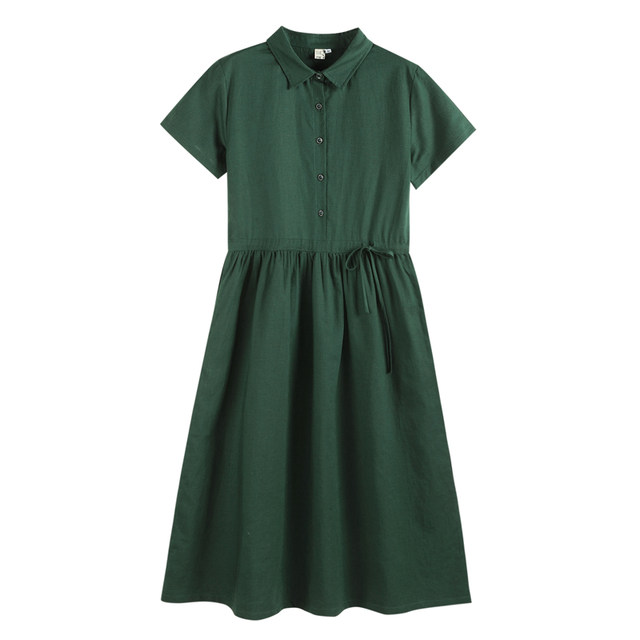 35-year-old Q597 summer solid color linen cotton shirt skirt forest retro Japanese style short-sleeved literary mid-length dress for women