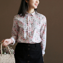 Three or five years Y299 autumn womens wooden ear shirt cotton floral art long sleeve base shirt blouse