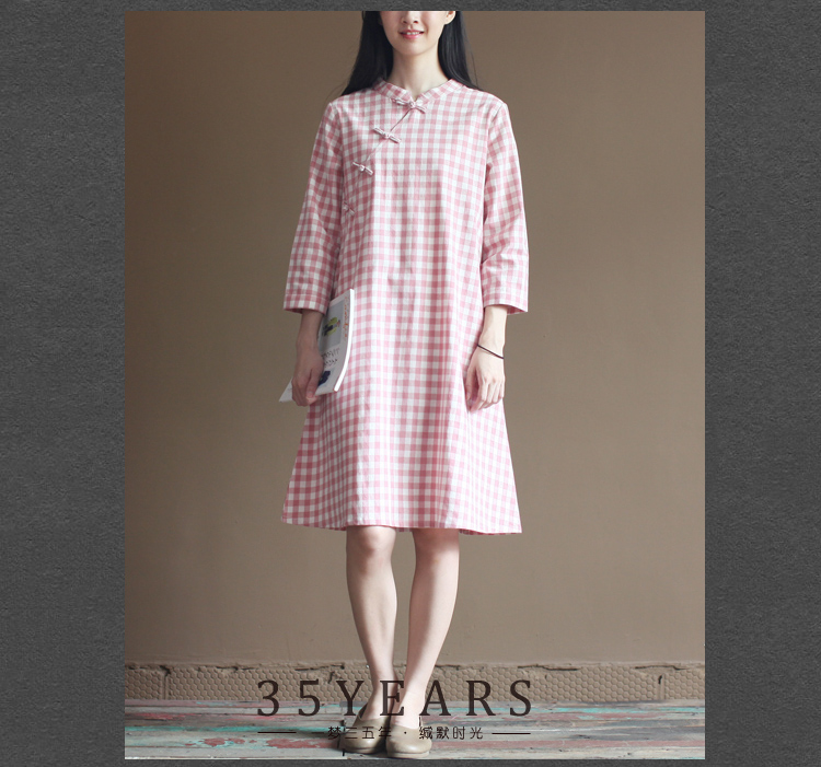 Ba năm năm Q184 văn học retro Trung Quốc sườn xám Mori nữ rộng kích thước lớn kẻ sọc cotton váy dài mùa xuân nữ áo dài dáng đầm