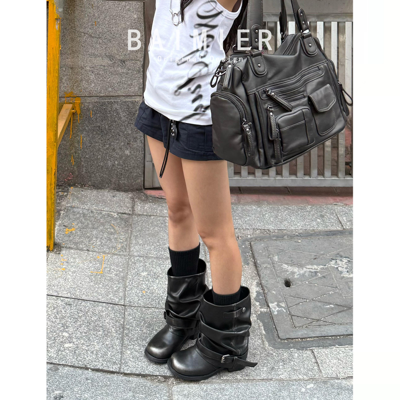 Women's Short Boots with Thick Heels, Retro Pleated Stacked Martin Boots, Belt Buckle, Platform Knight Boots, Western Cowboy Boots