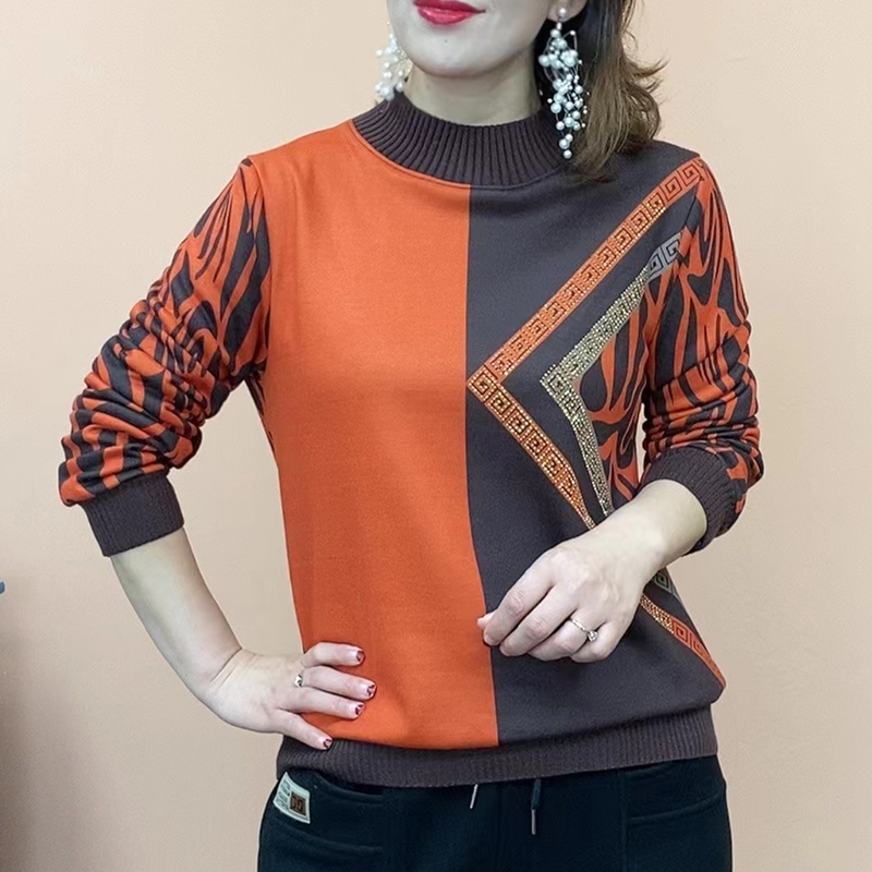 Autumn and winter plus thickened beating undershirt middle-aged moms dress warm foreign air blouses half-height collar long sleeve t-shirt-Taobao