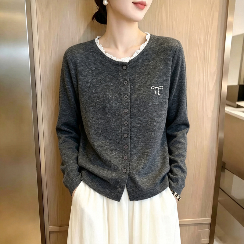 Gray Lace Trim Round Neck Knitted Cardigan Women's Long-Sleeve T-Shirt Autumn New Loose Embroidered Base Top