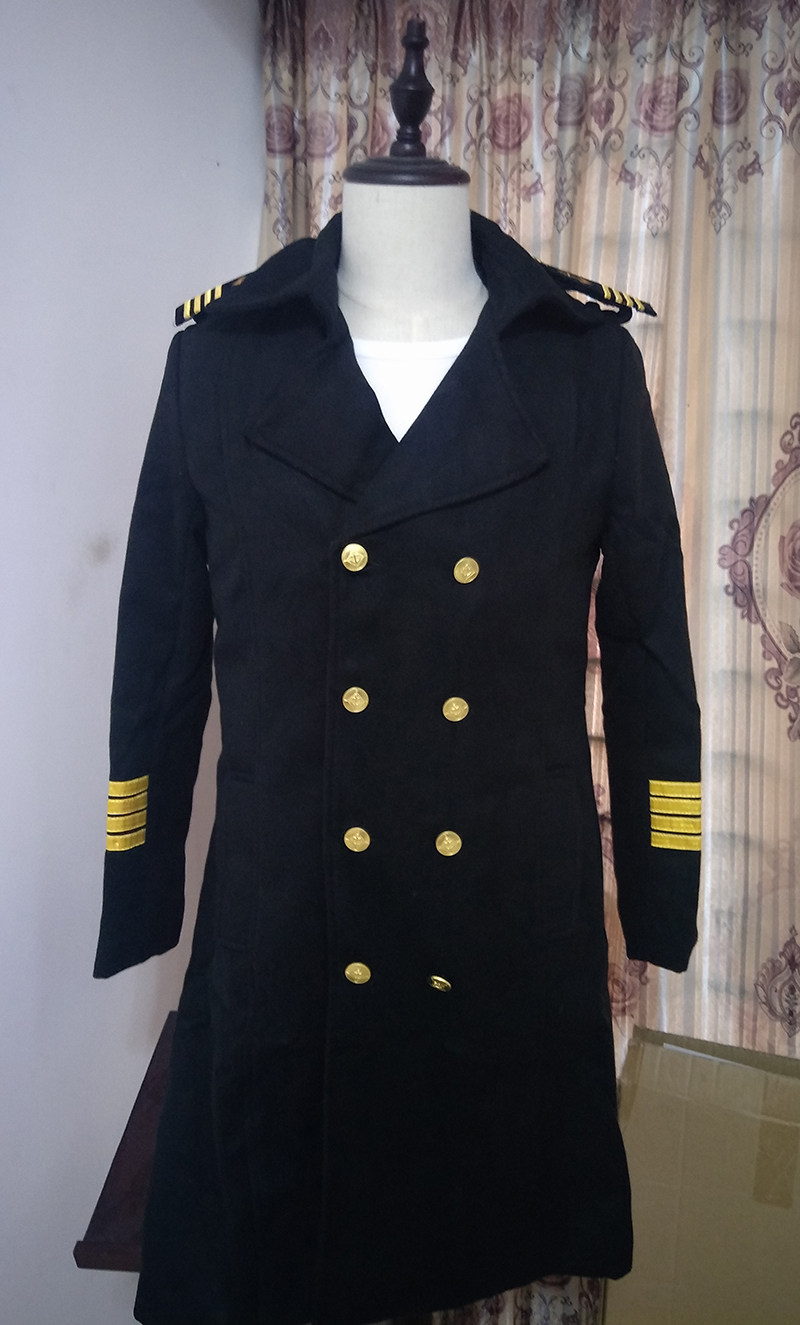 Young man autumn and winter seafarer coat Black lapel double-breasted long coat 4-pole captain's tooling uniform