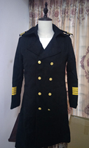 Young man autumn and winter seafarer coat Black lapel double-breasted long coat 4-pole captains tooling uniform