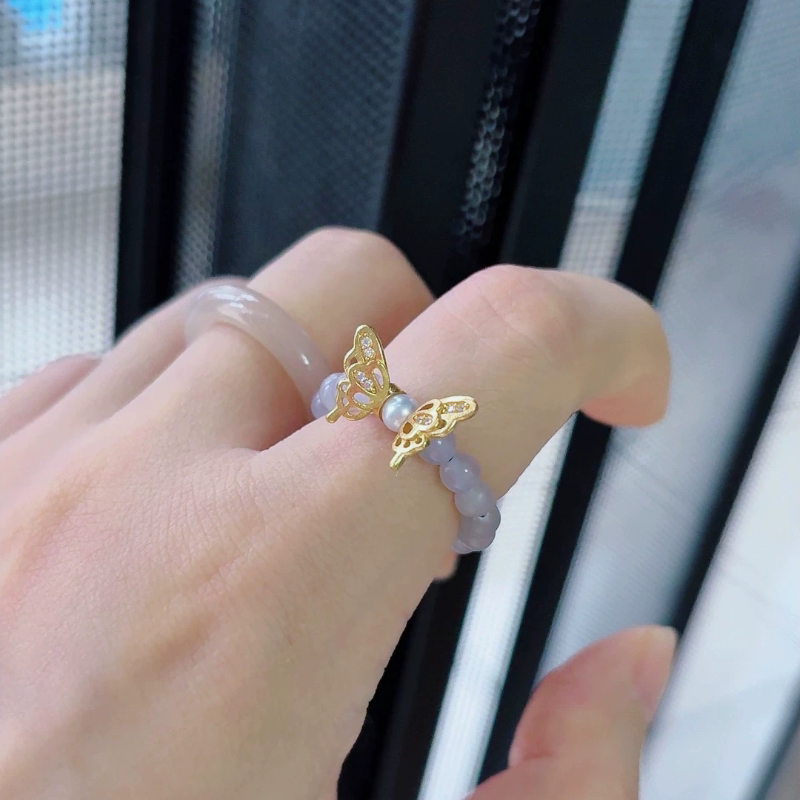 925 Silver Ring with Natural Hetian Jade and Ice Smoke Purple Rice Bead Beads