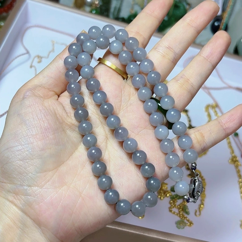 Natural Hetian Jade 8mm Smoky Purple Necklace (No Certificate, Consignment Items Are Non-Returnable)