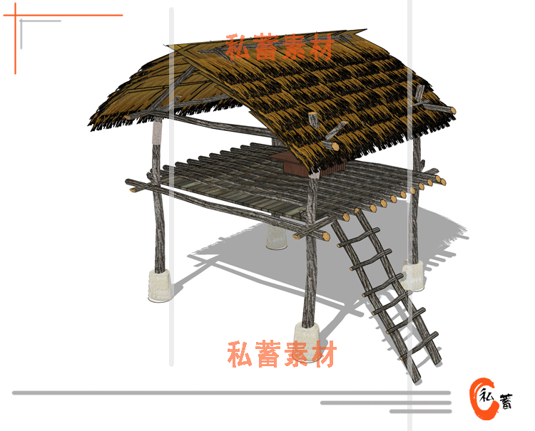 T134 SU草图大师木屋茅草屋园林景观乡村休闲屋别墅sketchup...-18