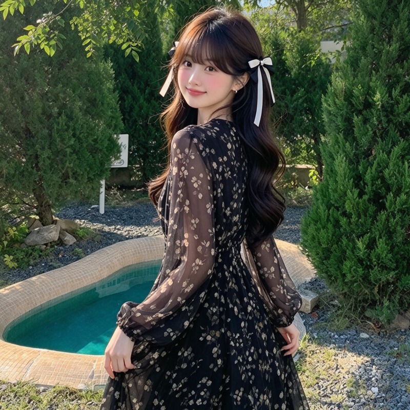 Long Dress 2026 Spring and Autumn New Versatile Black Floral Long-Sleeve Dress V-Neck Waist-Length Dress Long Dress 2026 Spring and Autumn New Versatile Black Floral Long-Sleeve Dress V-Neck Waist-Length Dress