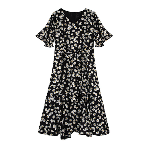 Летнее платье, ретро черная шифоновая юбка, 2020, городской стиль, французский стиль, в цветочек