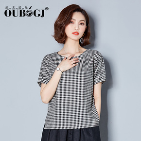 OUBOGJ韩版圆领宽松格子t恤