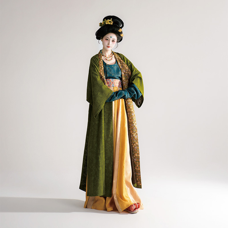 Tayun Pavilion Hanfu Three-Color Floral Cloud Yarn Double-Breasted Tang Half-Sleeve Jacket and Waist-Length Skirt Set (Time Rhythm)