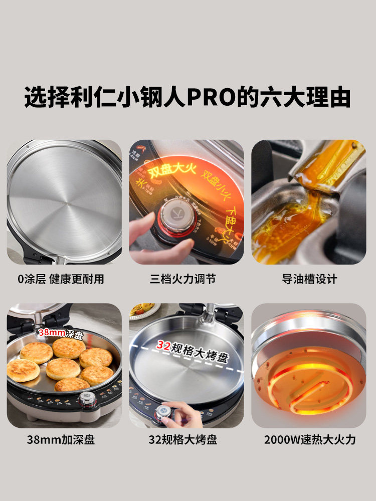 Liren Xiaogangren Pro Stainless Steel Electric Griddle with Zero Coating, Household Double-Sided Heating, Adjustable Heat, New Model