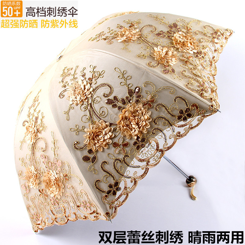 Sun Umbrella, Sun Protection, Uv Protection, Umbrella for Women, Dual-Use for Sun and Rain, Foldable, Black Coating, Lace Princess Sunshade Umbrella, Goddess Style