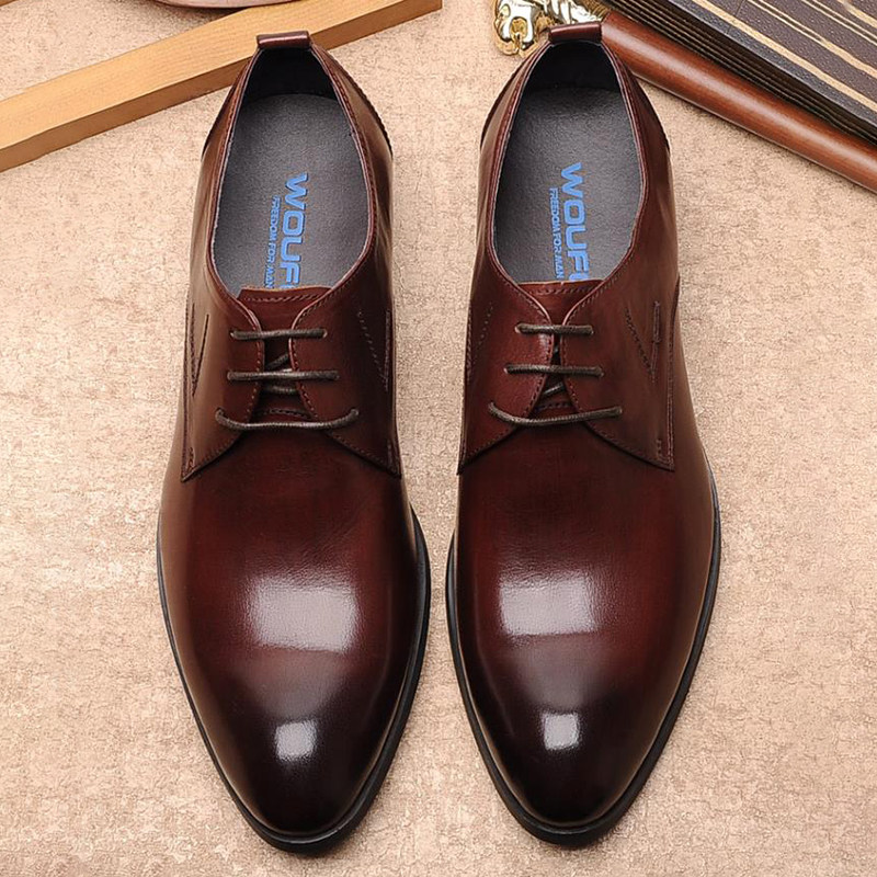 British men's leather shoes Korean version trendy breathable Derby shoes genuine leather formal dress business pointed casual lace-up men's shoes