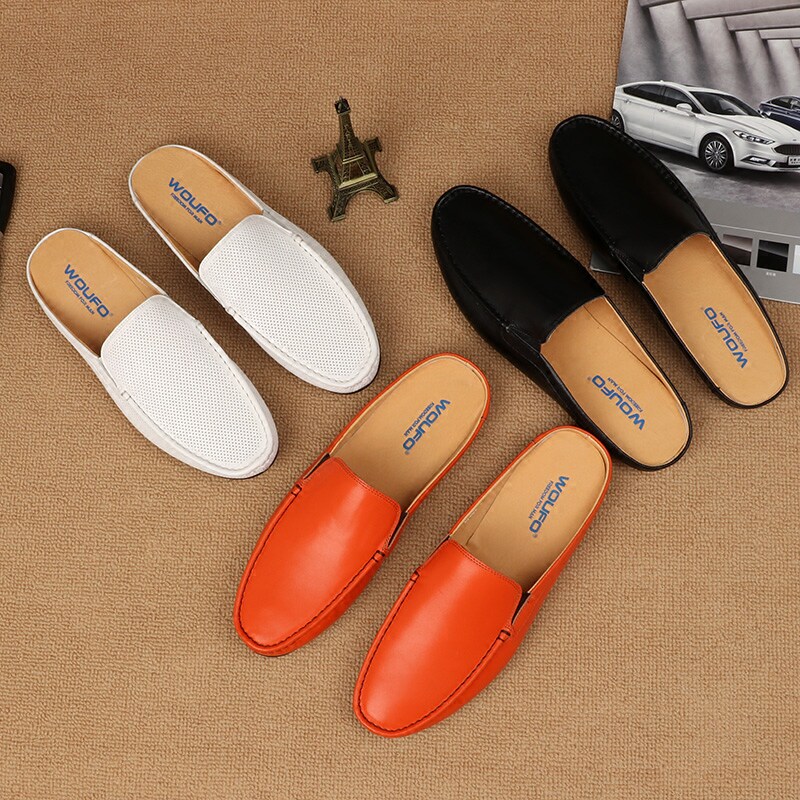 Summer Baotou leather half slippers men's peas slippers without heel leather shoes British sandals trendy casual loafers