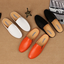 Summer Baotou Leather Half Slippers Mens Peas Slippers Heelless Leather Shoes British Sandals Trendy Casual Lazy Shoes