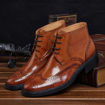 Retro thick-soled European and American mens shoes mid-top British style short boots brogue high-top shoes mens carved formal leather boots