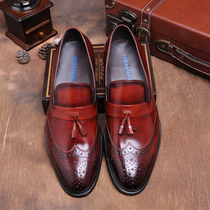 British leather mens slip-on slip-on shoes Brock carved leather shoes mens tassel pendant casual loafers tide