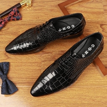 Spring new embossed stone pattern leather business dress pointed toe shoes British blue Korean style hair stylist mens shoes