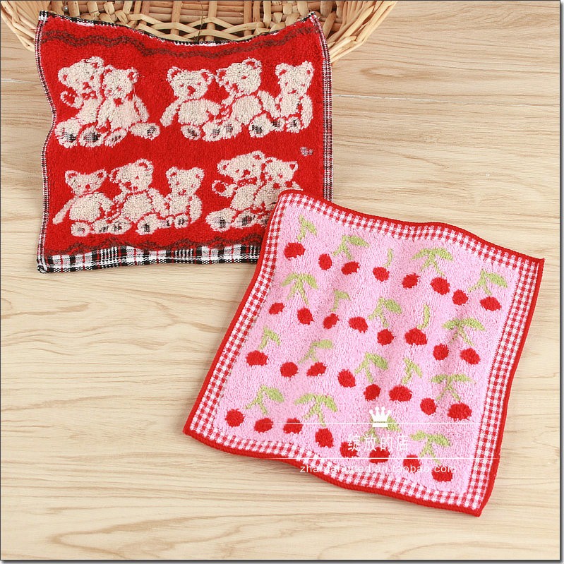 New recommended foreign trade export original pure cotton wool circle jacquard cherry cute cartoon teddy teddy bear small square towel handkerchief