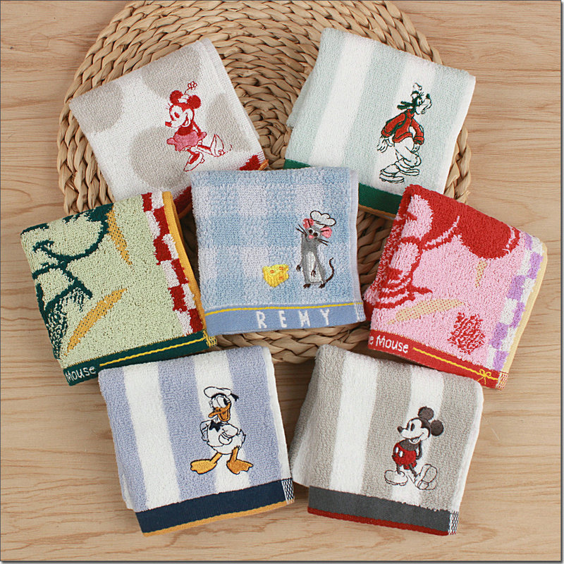 New Arrival, Export Original Pure Cotton Jacquard Two-Color Mickey and Minnie Cartoon Small Square Towel Handkerchief, Soft and Absorbent
