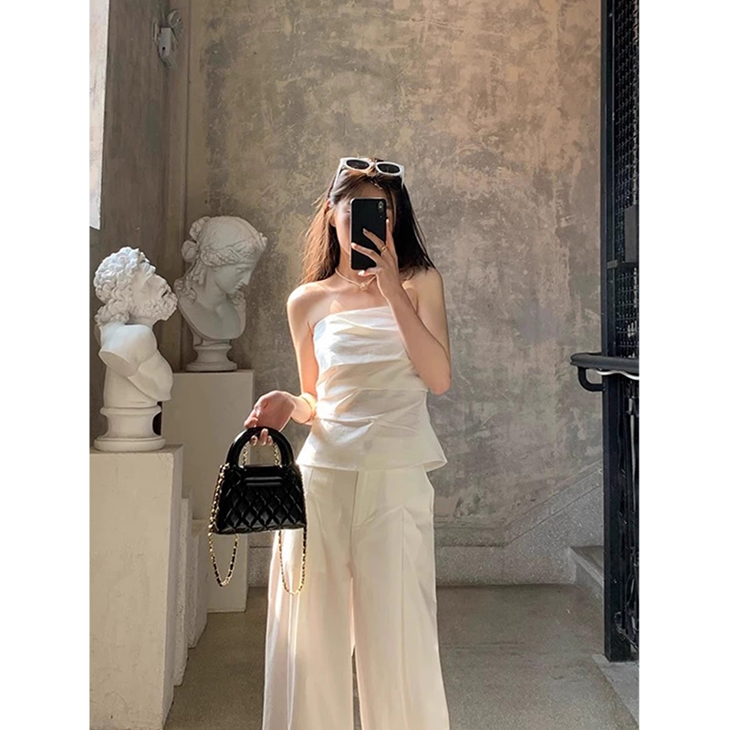 Linen Strapless Camisole Women's Summer Outfit Beach Short Top with Beautiful Back Design Outerwear Vest Top Set Wide-Leg Pants Two-Piece Set