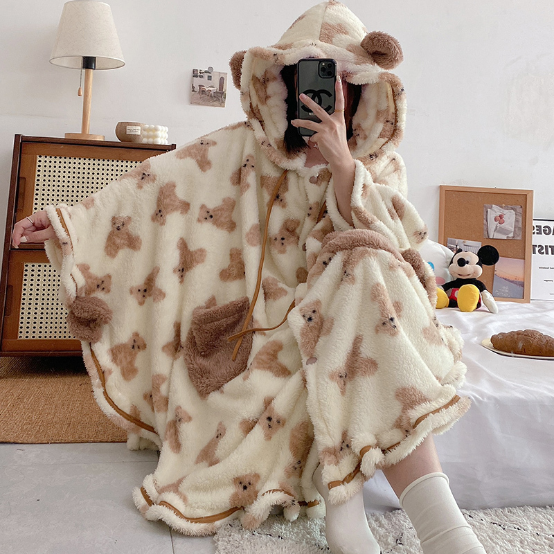 Cartoon Cute Coral Velvet Thickened Bear Pajamas for Women in Autumn and Winter Plush Hooded Cloak Robe Women's Bathrobe