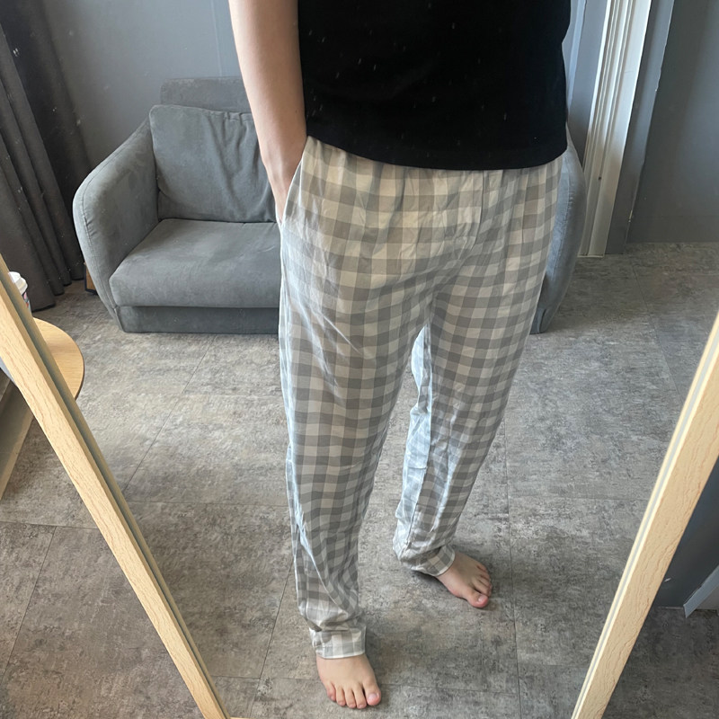 Sleeping Pants Men's Pure Cotton Single Piece Spring Fall Thin LAZY PEOPLE PLAID CASUAL BOYS SUMMER HOME PANTS CAN BE WORN OUTSIDE LONG PANTS