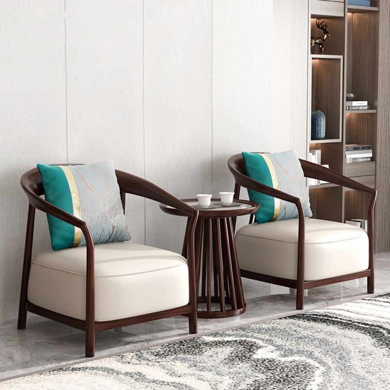 New Chinese-Style Ebony Wood Sofa Chair Three-Piece Set, Light Luxury Single Leather Leisure Solid Wood Reception Chair Combination