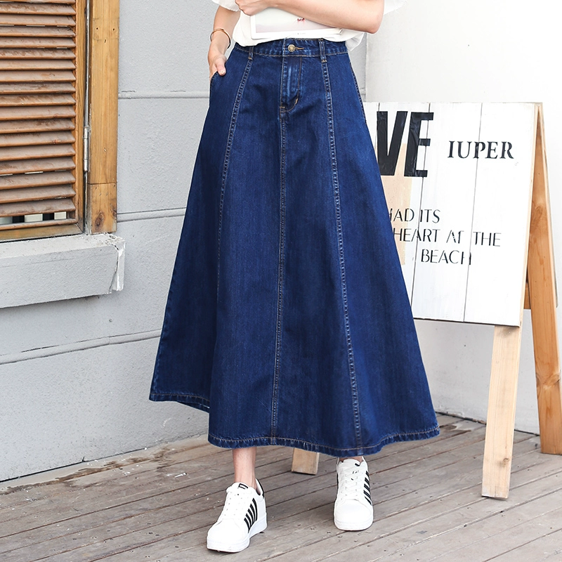 Mùa xuân và hè hè mới váy denim A-line, áo dài nữ phiên bản Hàn Quốc của váy dài văn học, eo cao, váy hoang dã - Váy