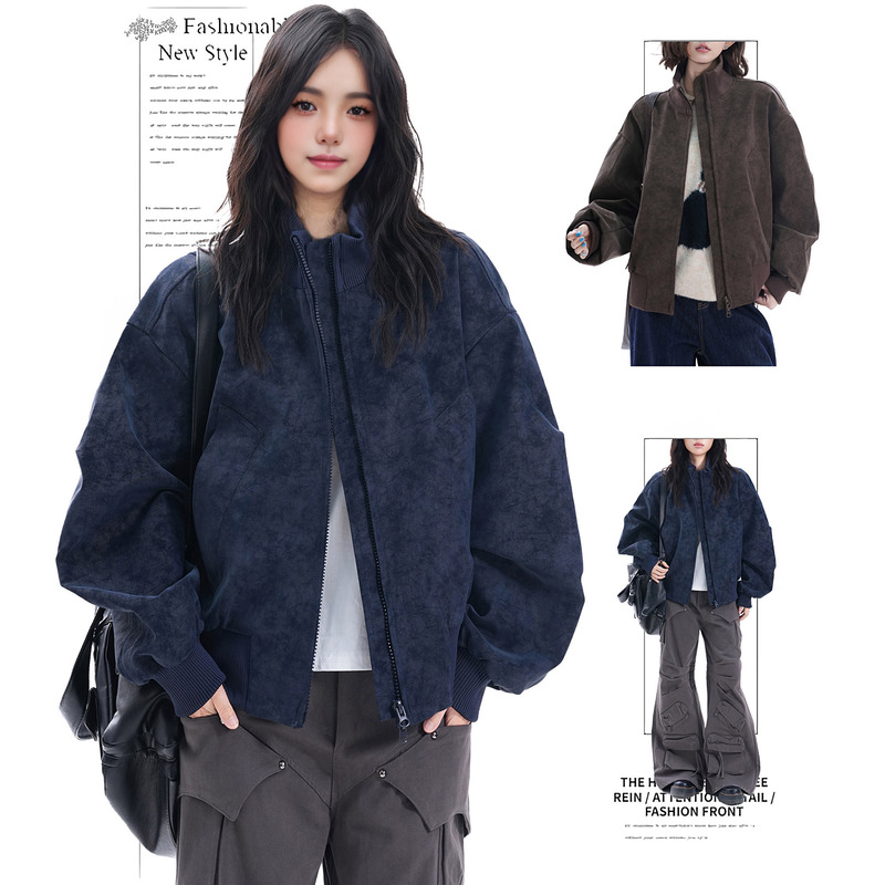 Dusk Koala Style American Street Design Leather Jacket for Women, Spring and Autumn Loose-Fitting Flight Biker Jacket, Trendy