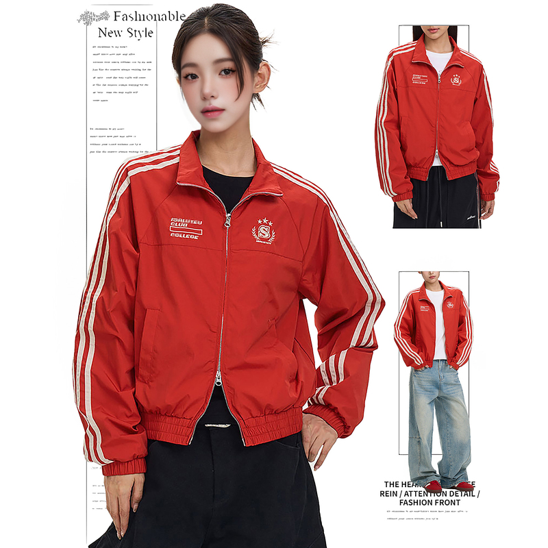 Dusk American-Style Three-Stripe Red Retro Short Windbreaker Jacket for Women, Spring and Autumn Trendy Baseball Jacket