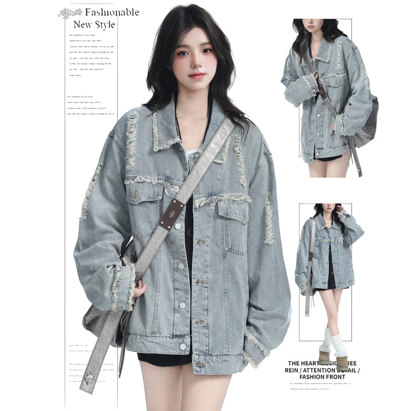 Dusk American High Street Washed Ripped Denim Jacket for Women, Spring and Autumn Design, Niche Loose Workwear Jacket