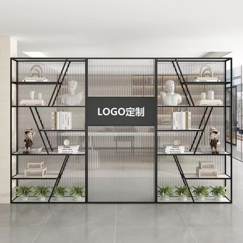 Company Image Logo Glass Partition Shelf Office Front Desk Product Display Rack Decorative Partition Shelf