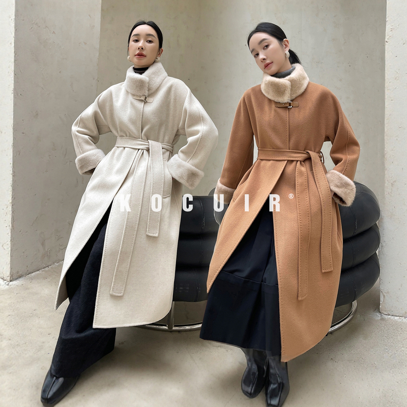 Kouge High-End Double-Sided Cashmere Coat for Women, Mid-Length Sleeves, Mink Fur Stand Collar, Sheep Wool Coat