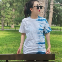 New original indigo dye T-shirt hand plant dyed half-sleeved grass white dyed short sleeve loose cotton summer