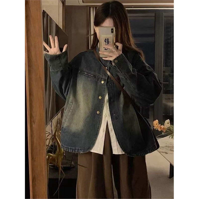 American Retro Denim Jacket for Women 2026 Spring and Autumn Washed Stand Collar Hong Kong Style High-End Design Workwear Jacket Top American Retro Denim Jacket for Women 2026 Spring and Autumn Washed Stand Collar Hong Kong Style High-End Design Workwear Jacket Top