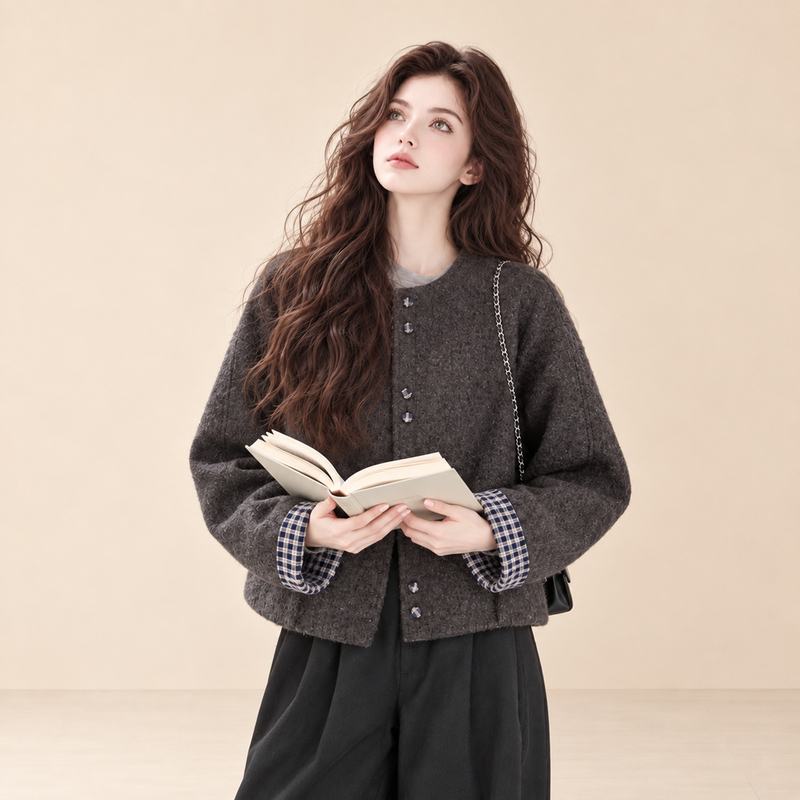 Lum Gray Round-Neck Short Woolen Coat for Women, Autumn and Winter 2026 New Style, This Year's Popular Woolen Coat for Petite Women Lum Gray Round-Neck Short Woolen Coat for Women, Autumn and Winter 2026 New Style, This Year's Popular Woolen Coat for Petite Women