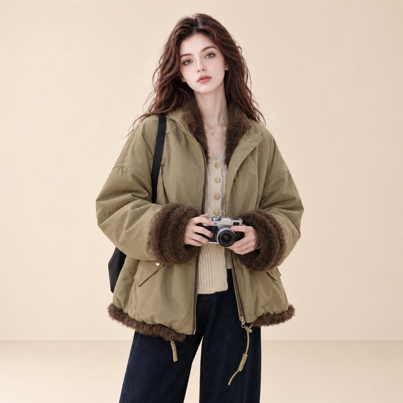 Lum Army Green Workwear Parka for Women, New Winter Model, Popular Hot-Selling Item This Year, Fleece-Lined and Thickened, Reversible Jacket