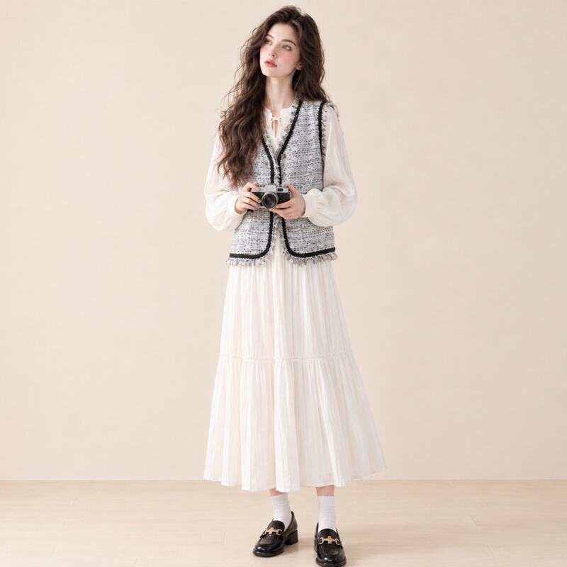 Lum White Long-Sleeved Dress Set for Women in Autumn, Unique and Beautiful, Small Chanel-Style Tassel Vest and Long Skirt Two-Piece Set